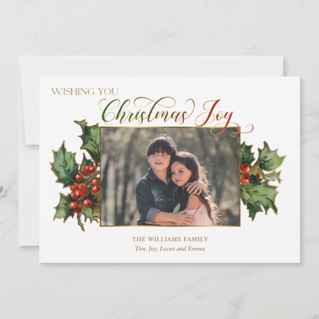Christmas Joy Script with Holly & Photo Holiday Card (Front)