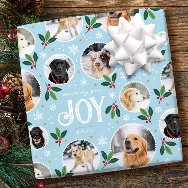 Christmas Joy Snowflake Cute Photo Collage Blue Wrapping Paper (Creator Uploaded)