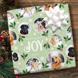 Christmas Joy Snowflake Cute Photo Collage Green Wrapping Paper