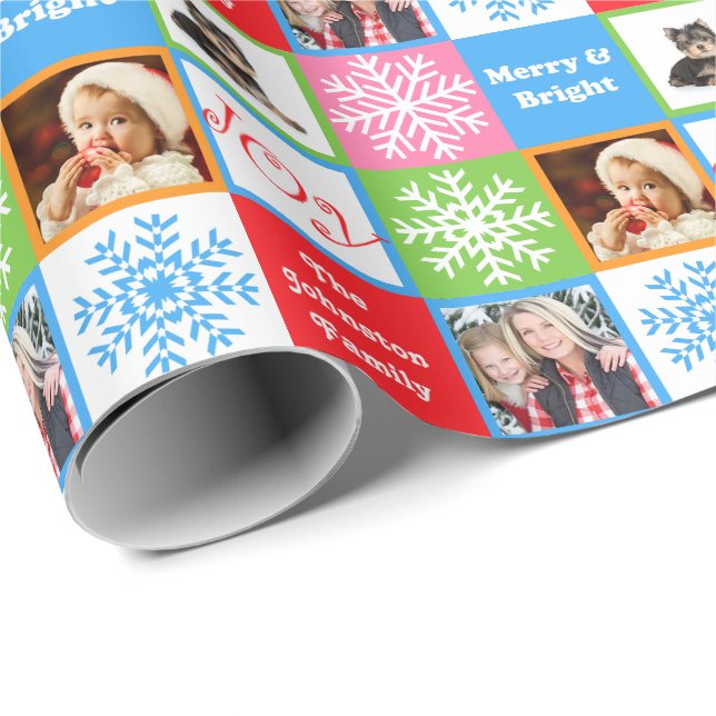Christmas Joy Snowflake Pastels Add Family Photos Wrapping Paper (Roll Corner)