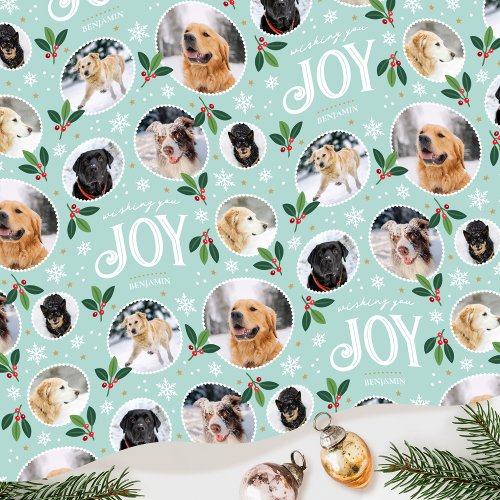 Christmas Joy Snowflake Photo Collage Mint Wrapping Paper