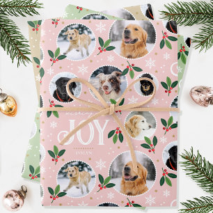 Christmas Joy Snowflake Photo Collage Pink 3 Set Wrapping Paper Sheets