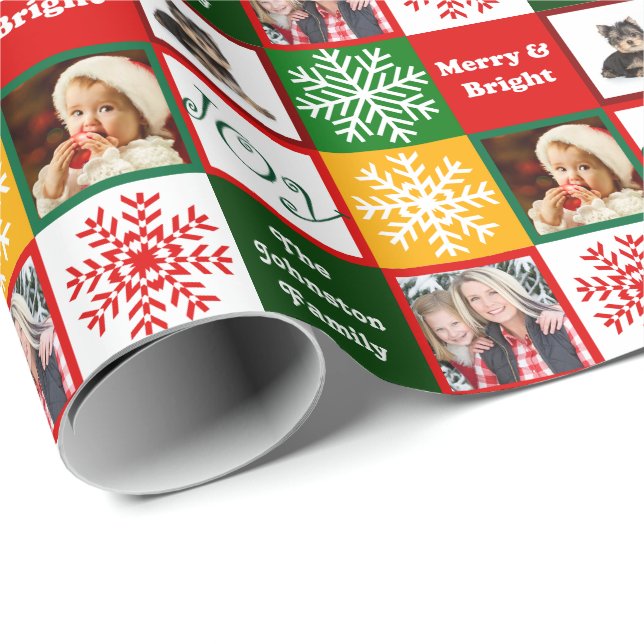 Christmas Joy Snowflakes Add Family Photos Wrapping Paper (Roll Corner)