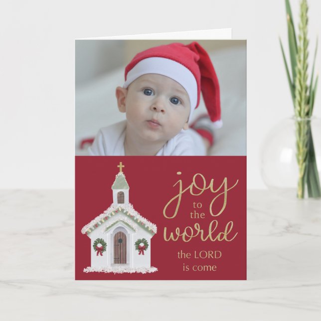 Christmas Joy to the World White Church Photo  Holiday Card (Front)
