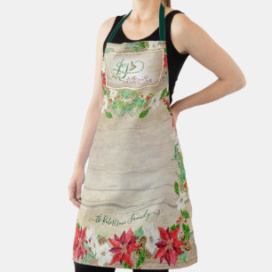 Christmas Joy to World Burgundy Poinsettia Floral Apron