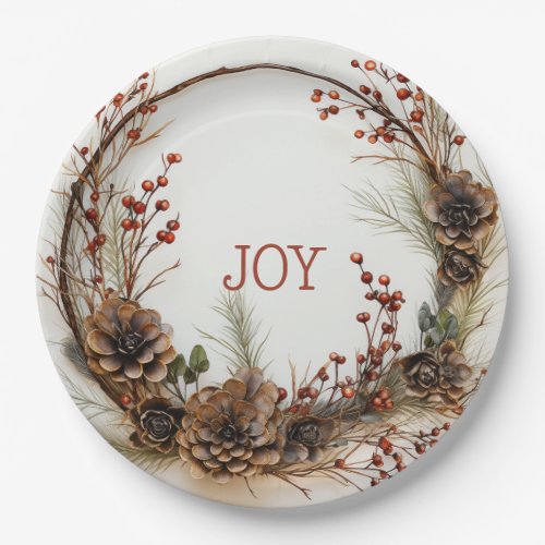 Christmas Joy Twig Wreath Pine Cones Red Berries   Paper Plates