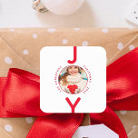 Christmas joy white red photo square sticker<br><div class="desc">A simple modern minimalist Christmas sticker in red and white.  A chic white background,  with the word JOY written with red bold letters.  The letter O is used as a photo frame.  Personalize and add your own family photo,  name and year.</div>