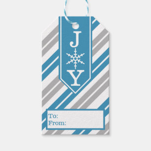 Christmas Joy White Snowflake Blue & Gray Stripes Gift Tags