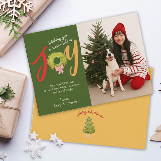 Christmas Joy Wreath Bow Fun Typography Cute Holiday Card