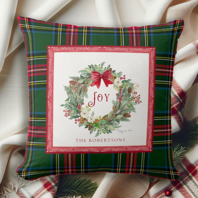 Christmas Joy Wreath Bow Watercolor Tartan Plaid Throw Pillow (Creator Uploaded)