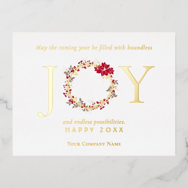 Christmas JOY Wreath Business Foil Holiday Postcard (Front)