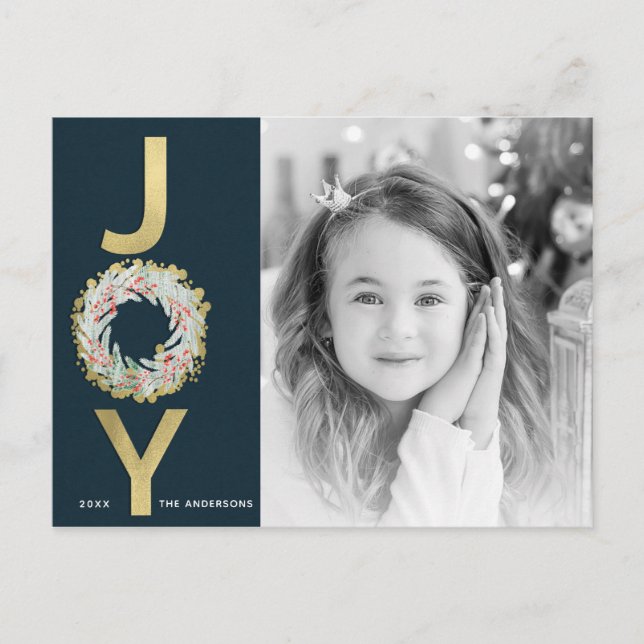 CHRISTMAS JOY Wreath Gold Foil Modern Photo Holiday Postcard (Front)