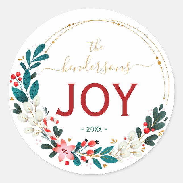Christmas Joy Wreath Name Handwritten Script Classic Round Sticker (Front)