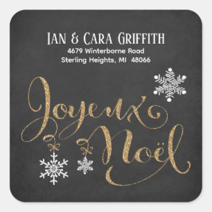 Christmas Joyeux Noel Gold Glitter Return Address Square Sticker
