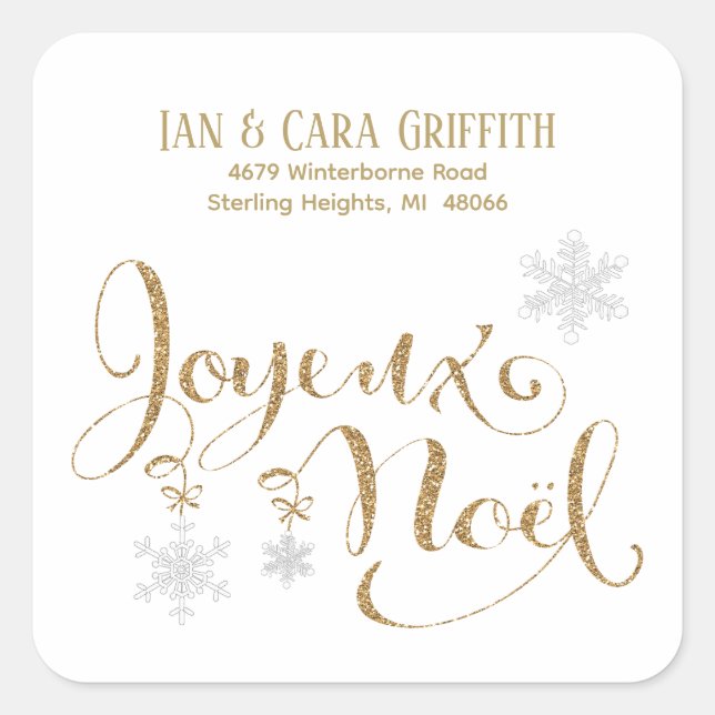 Christmas Joyeux Noel Gold Glitter Return Address Square Sticker (Front)