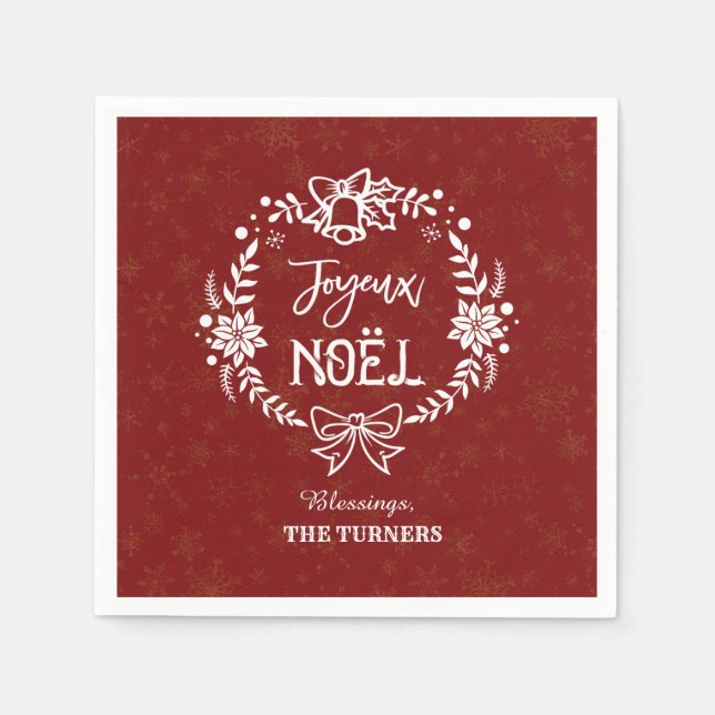 Christmas Joyeux Noel Gold Snowflakes Monogram Napkins (Front)