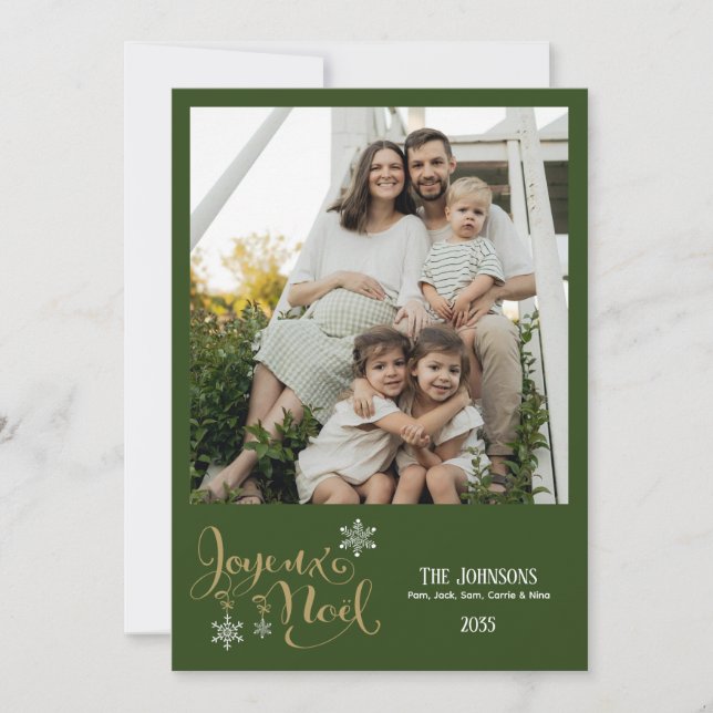Christmas Joyeux Noel Snowflakes Green Plaid  Holiday Card (Front)
