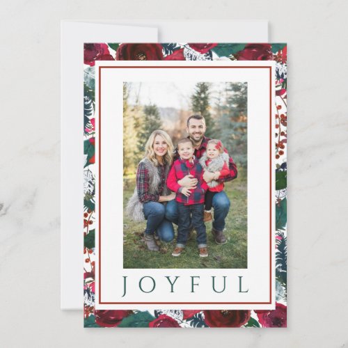 Christmas Joyful Berry and Floral Frame Photo Holiday Card