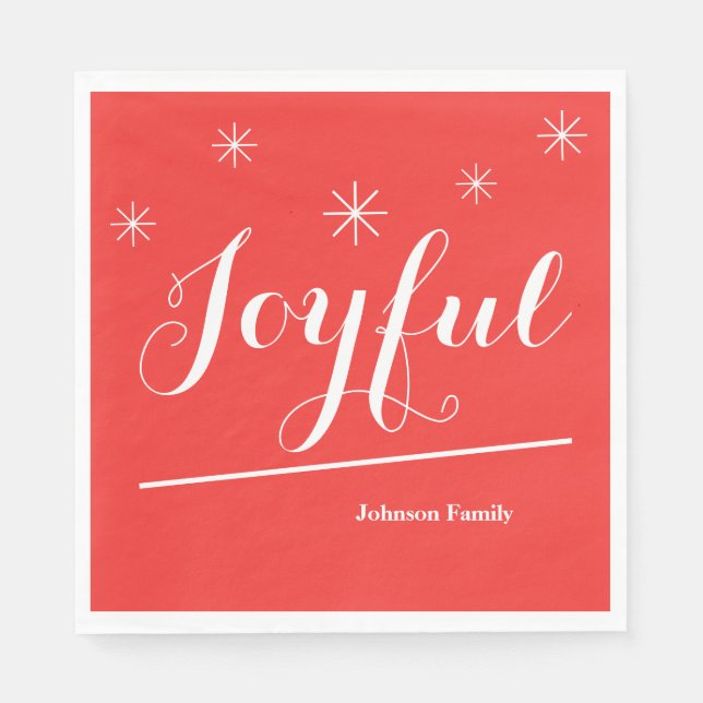 Christmas Joyful Custom Family Name Cute Red Napkins (Front)