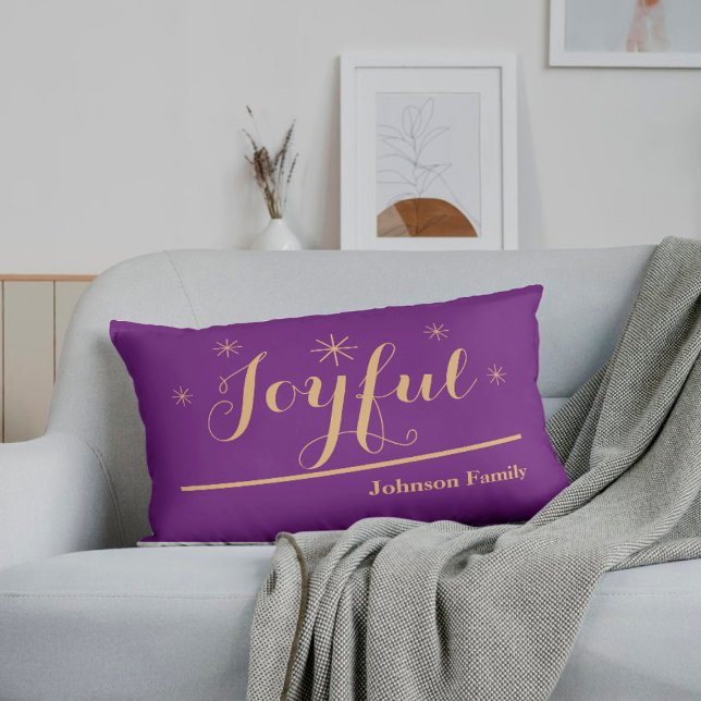 Christmas Joyful Elegant Personalized Family Name  Lumbar Pillow (These Joyful purple & gold lumbar pillows are sure to get everyone in a holidays mood.)