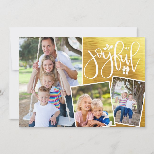Christmas Joyful Modern Metallic Gold Three Photo (Front)