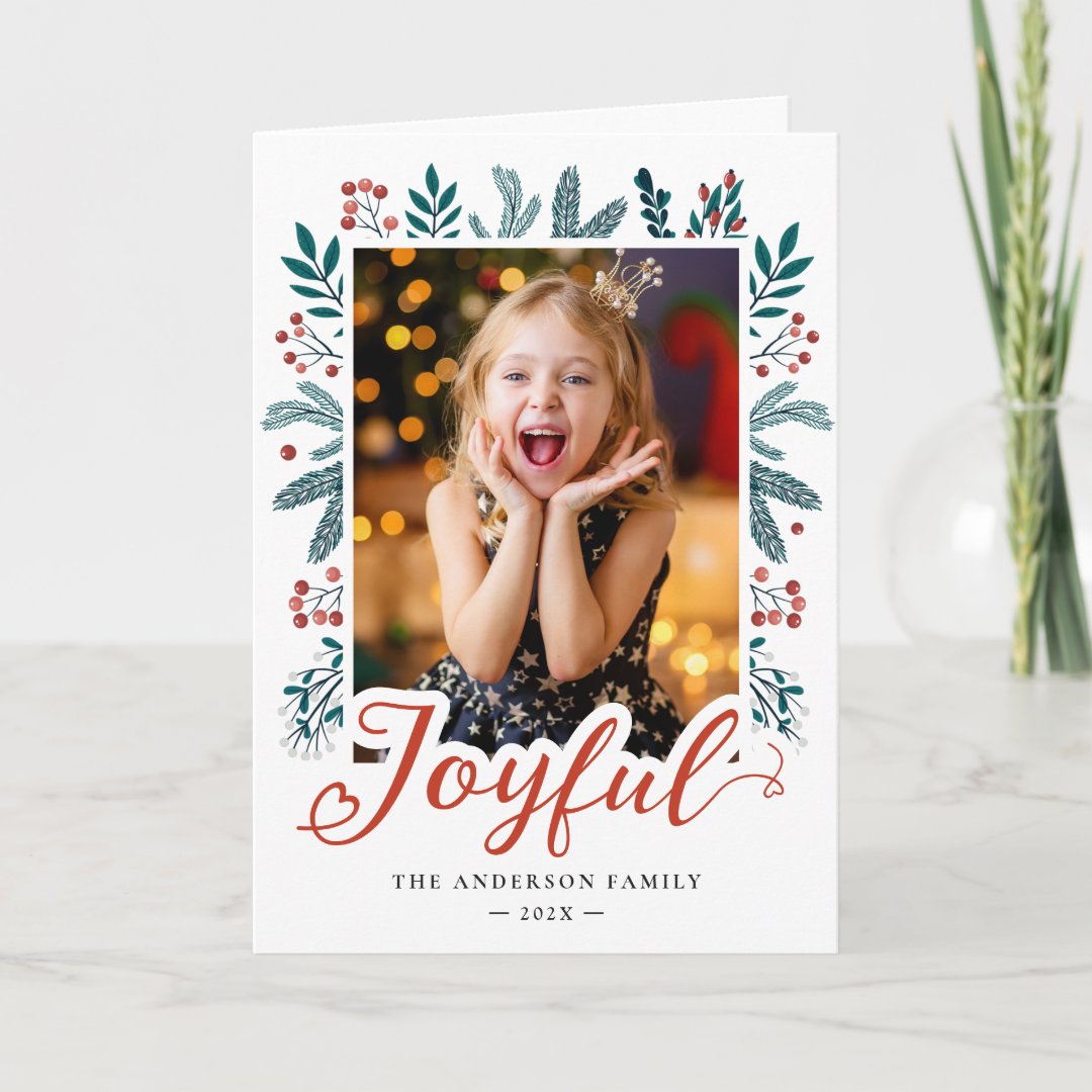 Christmas Joyful Script Holly Berries Photo Holiday Card | Zazzle