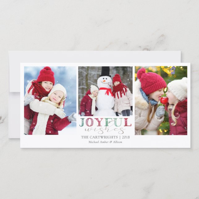 Christmas JOYFUL WISHES 3 Photos Watercolor Holiday Card (Front)
