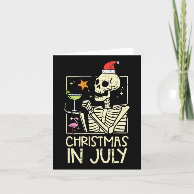 Christmas July Skeleton Flamingo Funny Summer Xmas Card (Front)
