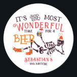 Christmas July Skeleton Summer Ween Beer Birthday Classic Round Sticker<br><div class="desc">Choose this Mid Year Report Still Naughty Christmas July Skeleton Summer Ween Beer Birthday template and celebrate Christmas in July and Summer-Ween with family and friends.
Customize the design with your event details and order your Christmas in July or Summer Ween invitations and party supplies now.</div>