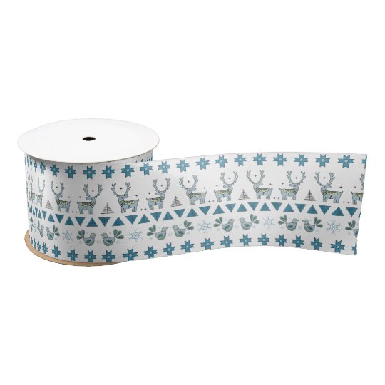 Christmas Jumper Patter Reindeer Blue and White Satin Ribbon | Zazzle.com