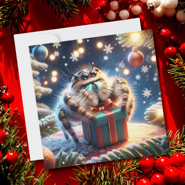 Christmas Jumping Spider Holding Gift Holiday Card (Creator Uploaded)