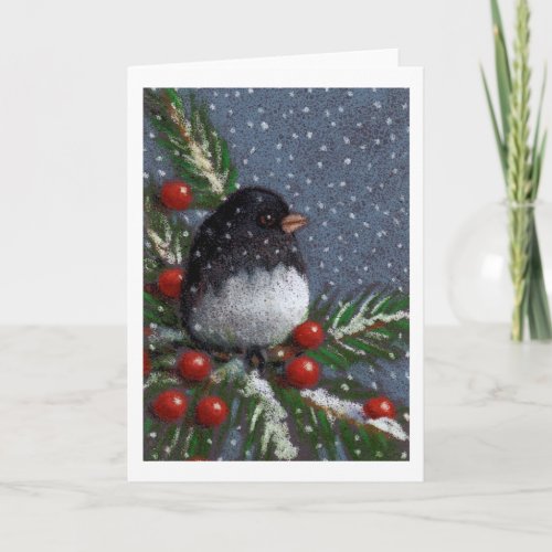 Christmas Junco Bird Color Pencil Berries Snow Holiday Card