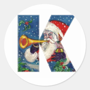 CHRISTMAS K LETTER / SANTA CLAUS BUGLER CLASSIC ROUND STICKER
