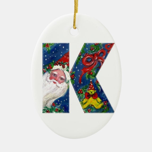 CHRISTMAS K LETTER / SANTA CLAUS WITH RED RIBBON CERAMIC ORNAMENT (Front)
