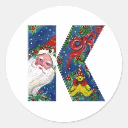 CHRISTMAS K LETTER  SANTA CLAUS WITH RED RIBBON CLASSIC ROUND STICKER