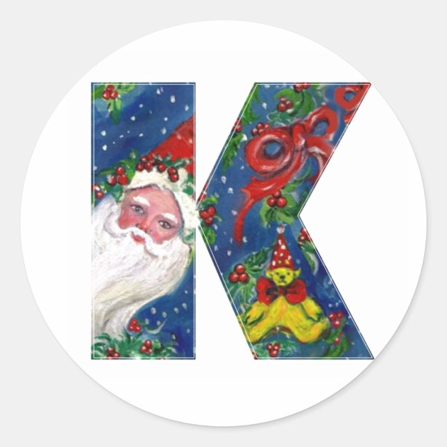 CHRISTMAS K LETTER / SANTA CLAUS WITH RED RIBBON CLASSIC ROUND STICKER (Front)