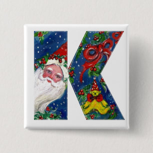 CHRISTMAS K LETTER / SANTA RED RIBBON MONOGRAM BUTTON