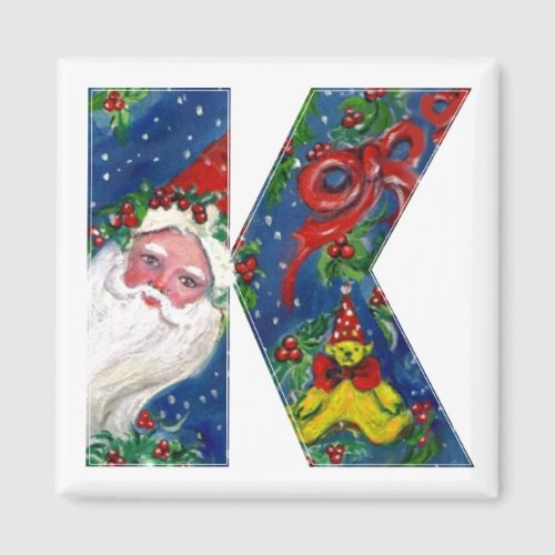 CHRISTMAS K LETTER  SANTA  RED RIBBON MONOGRAM MAGNET