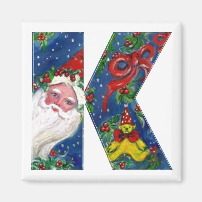 CHRISTMAS K LETTER / SANTA  RED RIBBON MONOGRAM MAGNET (Front)