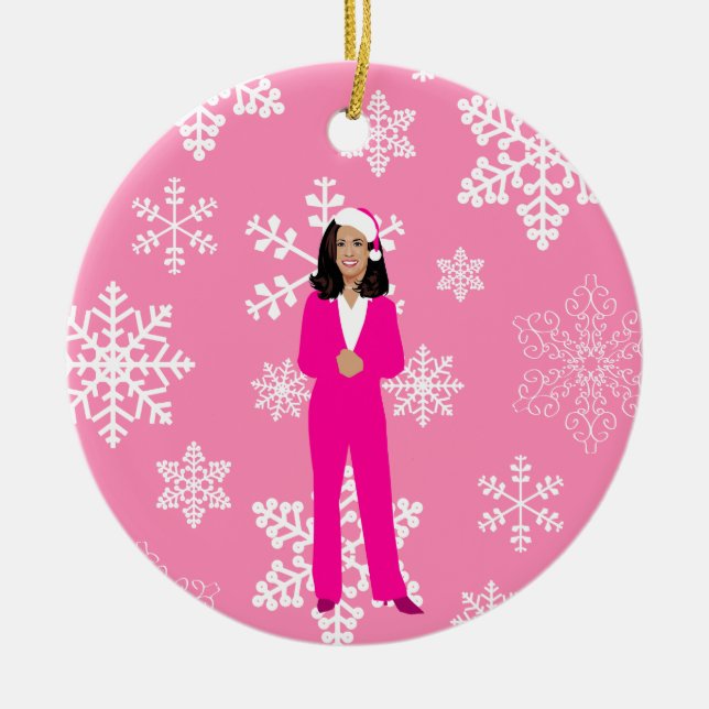 christmas kamala harris santa icy pink ceramic ornament (Front)