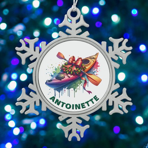 Christmas Kayak Custom Name Snowflake Pewter Christmas Ornament