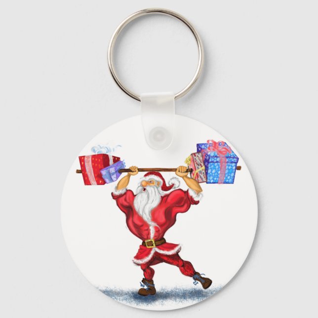 Christmas Keychain Bodybuilder Santa with Gifts (Front)