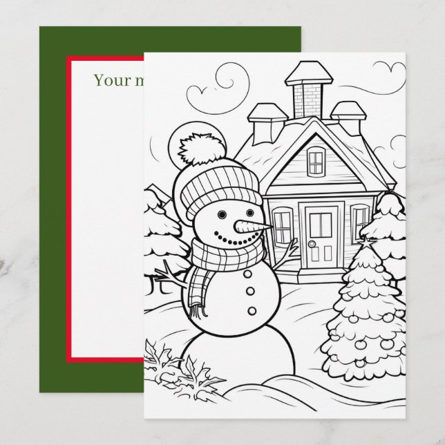 Christmas kids coloring snowman  holiday card (Front/Back)