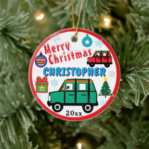 Christmas Kids PHOTO Name Green Red Cars Ceramic Ornament