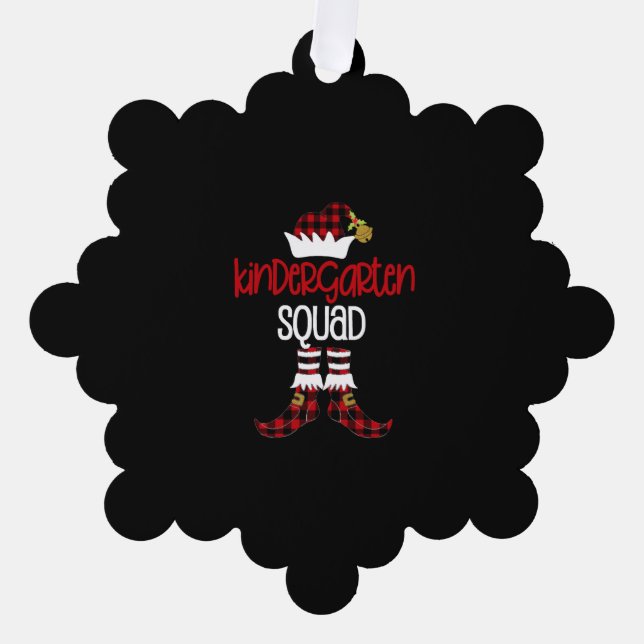 Christmas Kindergarten Squad Elf Teacher Student B Ornament Card (Front)