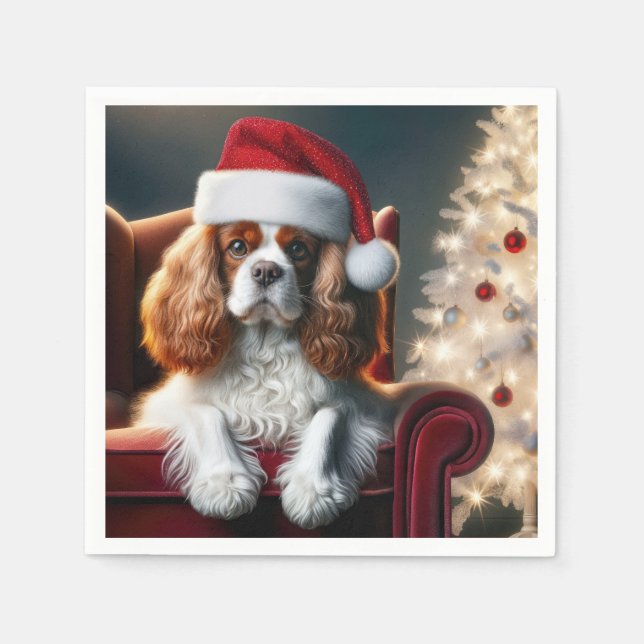 Christmas King Charles Spaniel On a Red Chair Napkins (Front)