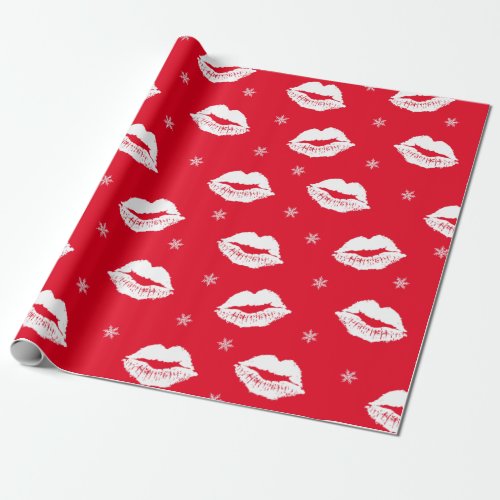 Christmas Kiss Red White Lips Pattern Wrapping Paper