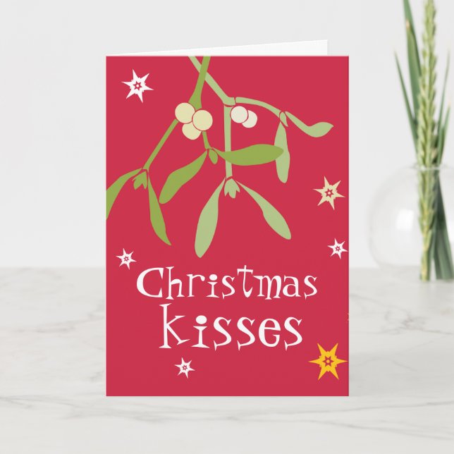 Christmas kisses mistletoe card red (Front)
