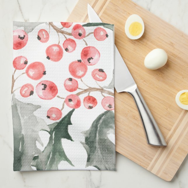 Christmas Kitchen Towel Red and Green Holly (Quarter Fold)