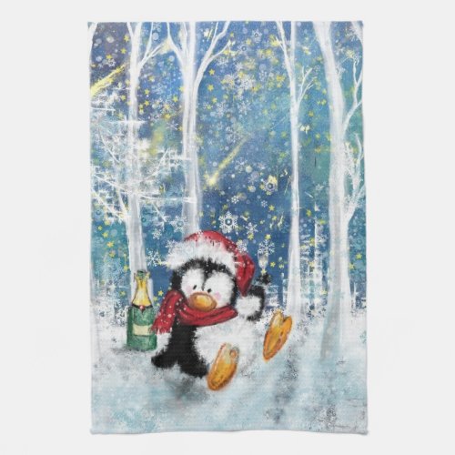 Christmas Kitchen Towel with Happy Penguin